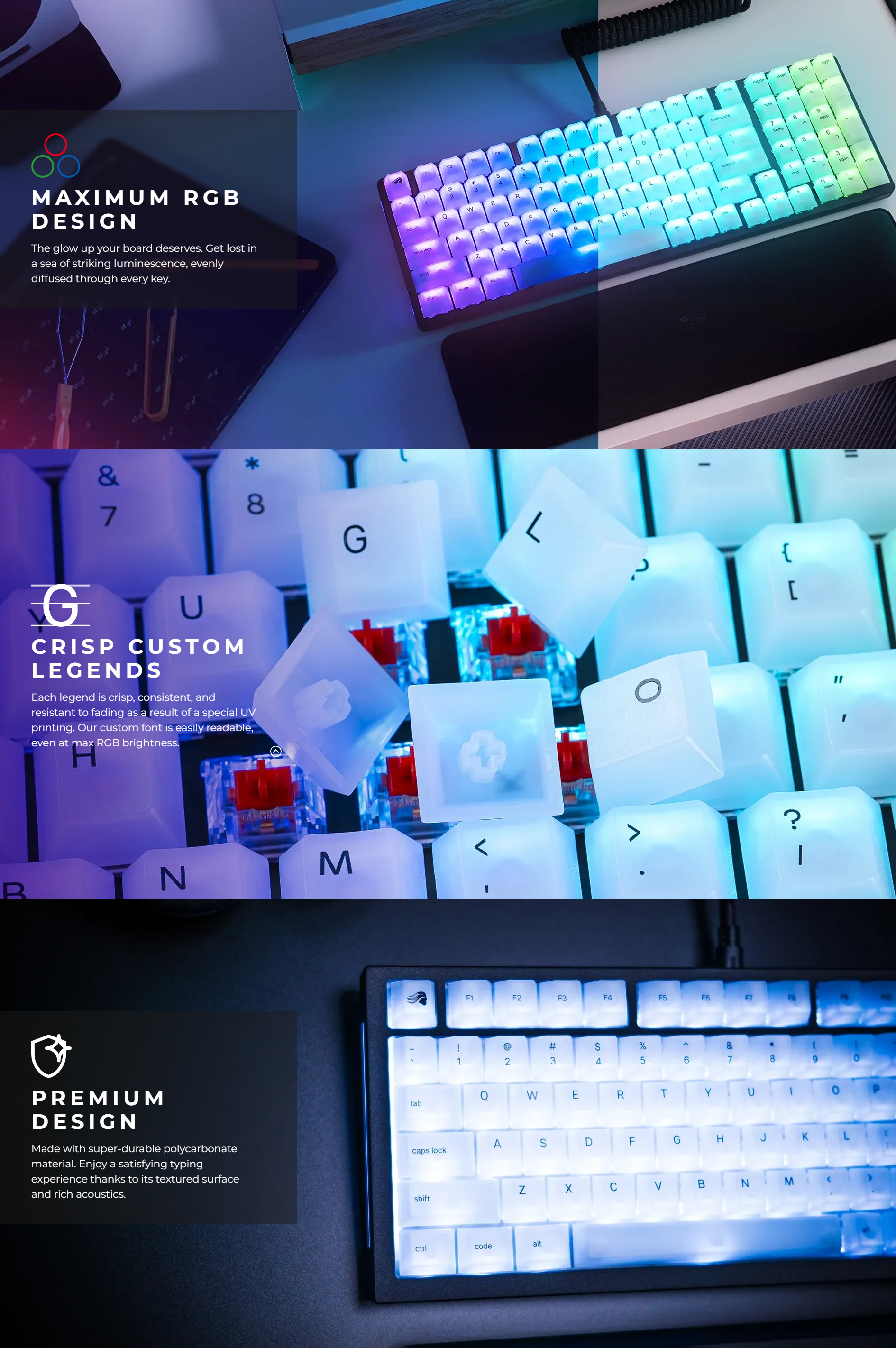 A large marketing image providing additional information about the product Glorious Polychroma Cherry Profile RGB Keycaps 115pcs - Additional alt info not provided